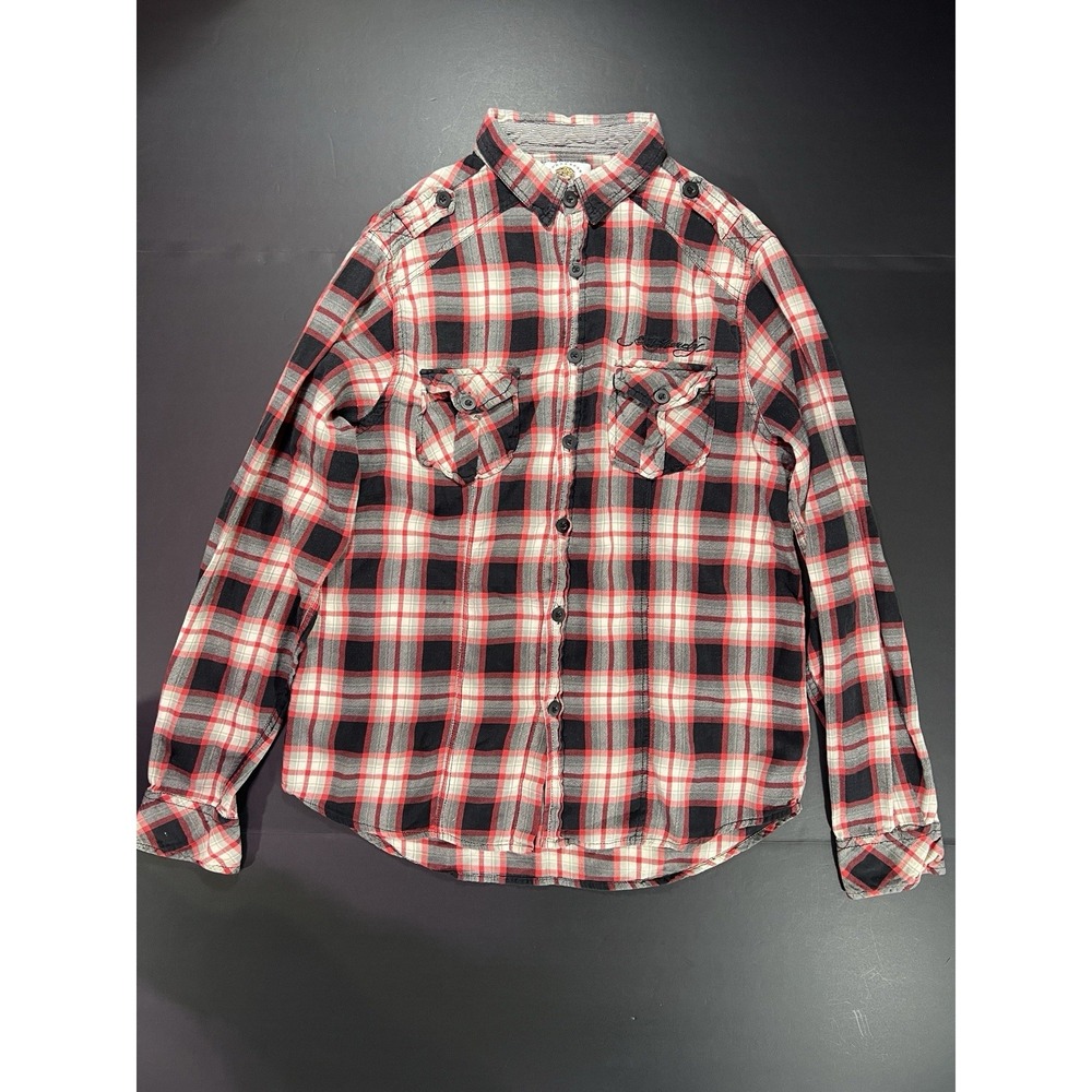 Ed Hardy Button Up Flannel‎ Shirt Men's Large Embroidered Logo